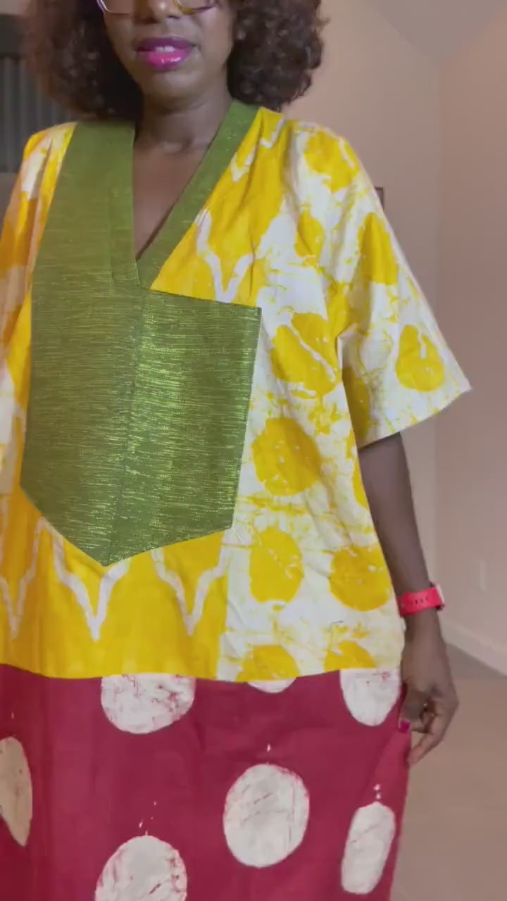 Patchwork Adire Dress: African Print Kaftan, Boho Summer Midi Dress