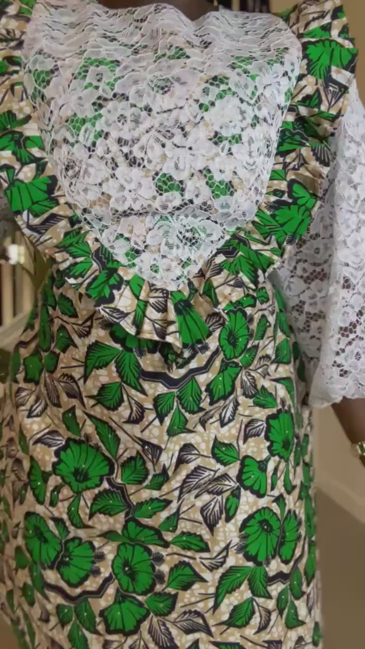 Short Ankara Dress with White Lace: African Print Cotton A-Line