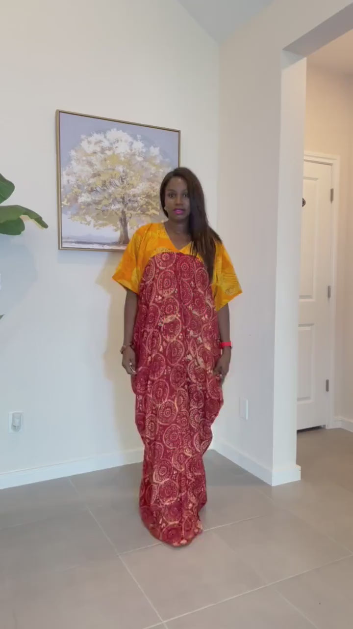 African Adire Kaftan Dress, Red Yellow Batik Cotton Maxi Boubou
