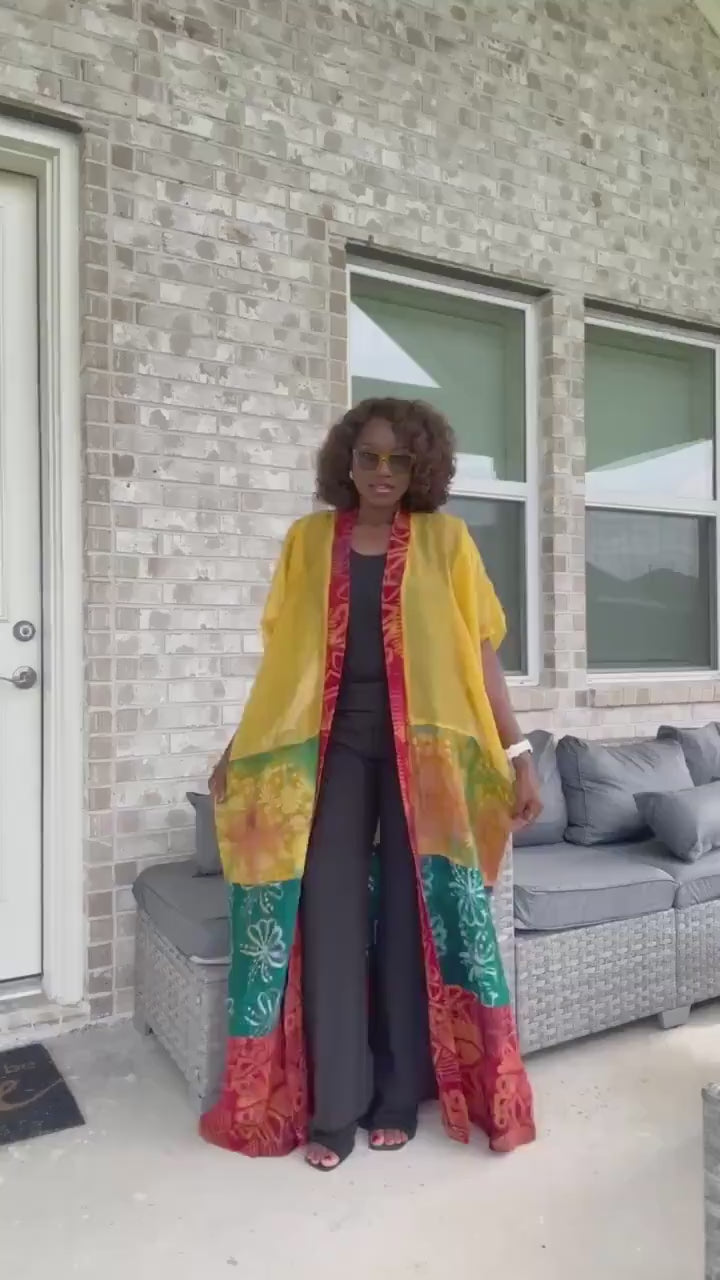 Sheer Organza Adire Kimono: African Print Boho Duster