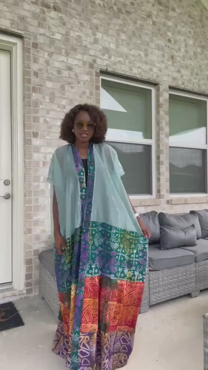 Handmade Adire & Organza Kimono: African Print Boho Duster