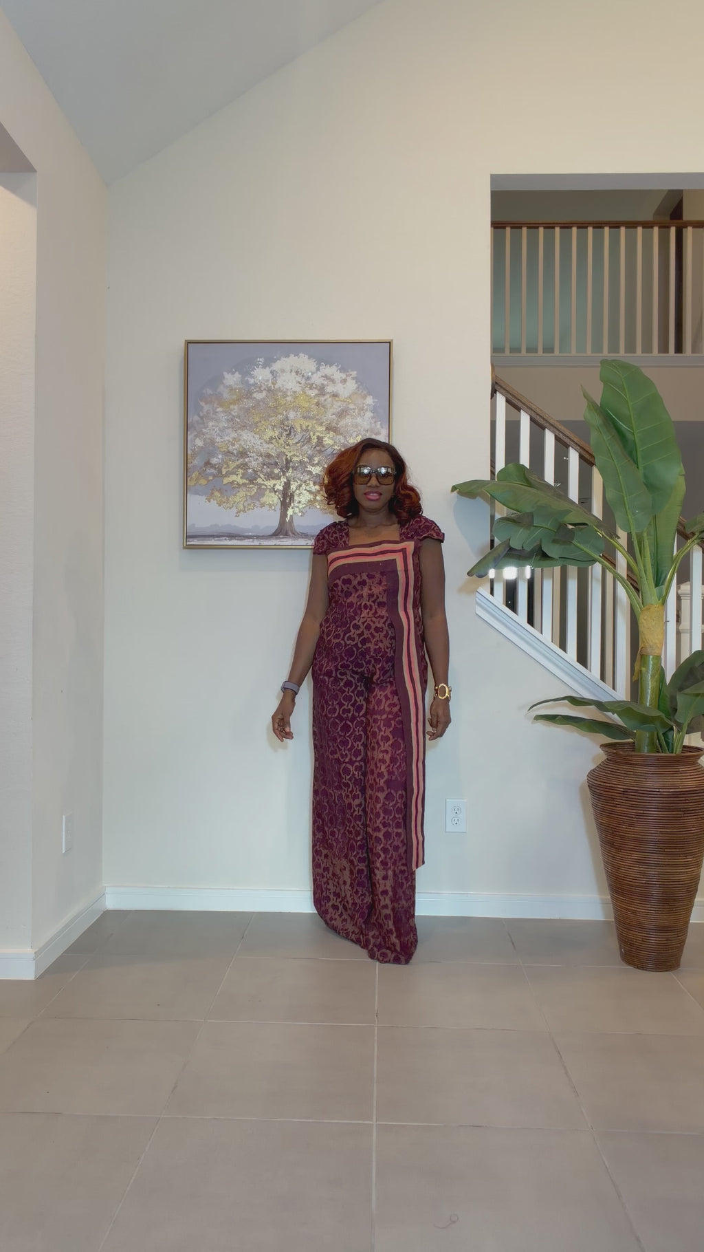Adire Floral Wide-Leg Jumpsuit with Aso Oke Detail