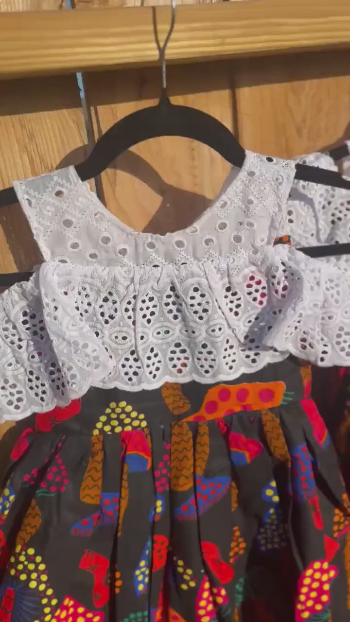 Girls Ankara Dress with Lace: African Print Off-Shoulder Toddler Outfit