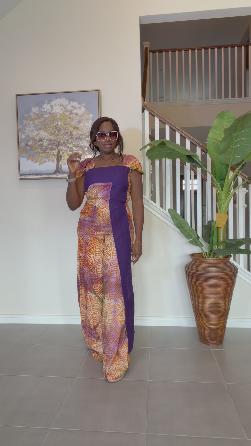 Adire Floral Wide-Leg Jumpsuit with Aso Oke Detail