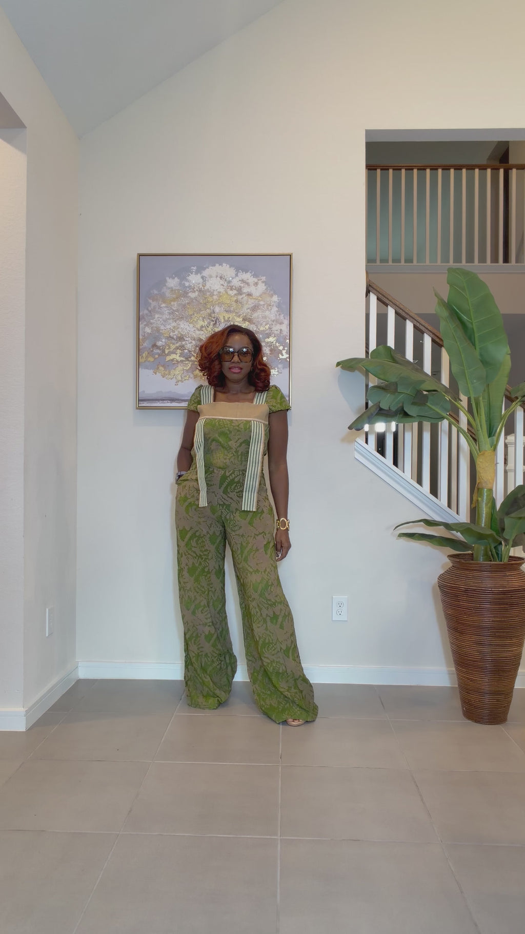 African Adire Jumpsuit with Aso Oke, Green Adire Jumpsuit, Wide‑Leg One‑Piece