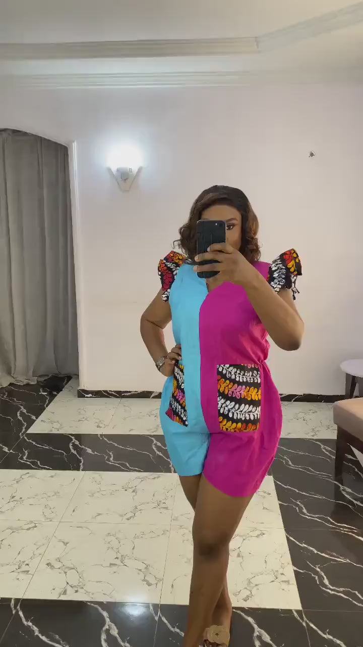 Linen colorful playsuit with Ankara patch - Summer Outfit