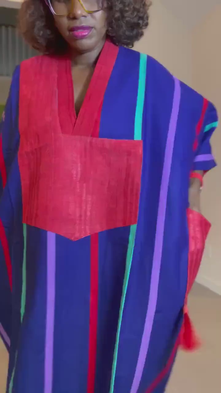 African Kaftan Dress: Striped Boubou with Red Patch - Dashiki Style