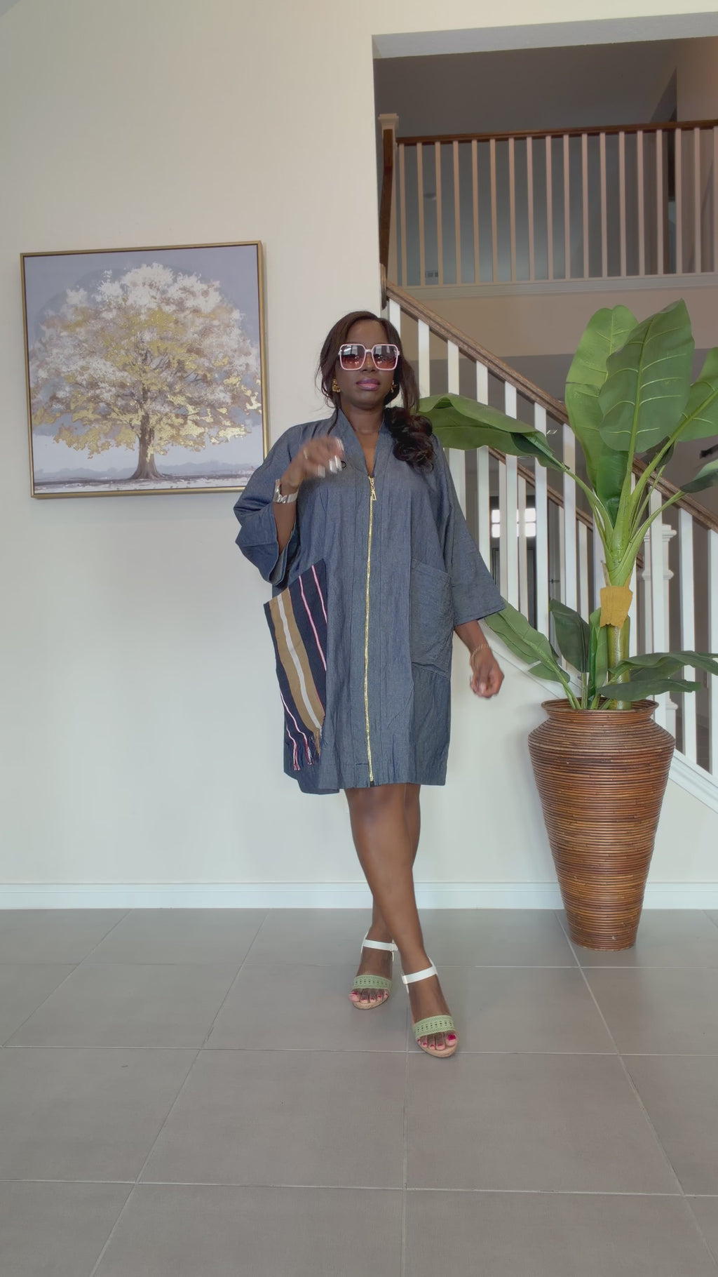 Zipped Denim Shift Dress with Statement Aso Oke Pocket and Back patch