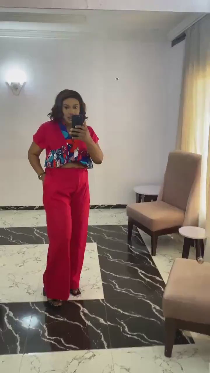 Red Linen Pants Set: African Print Crop Top, High Waist Wide Leg