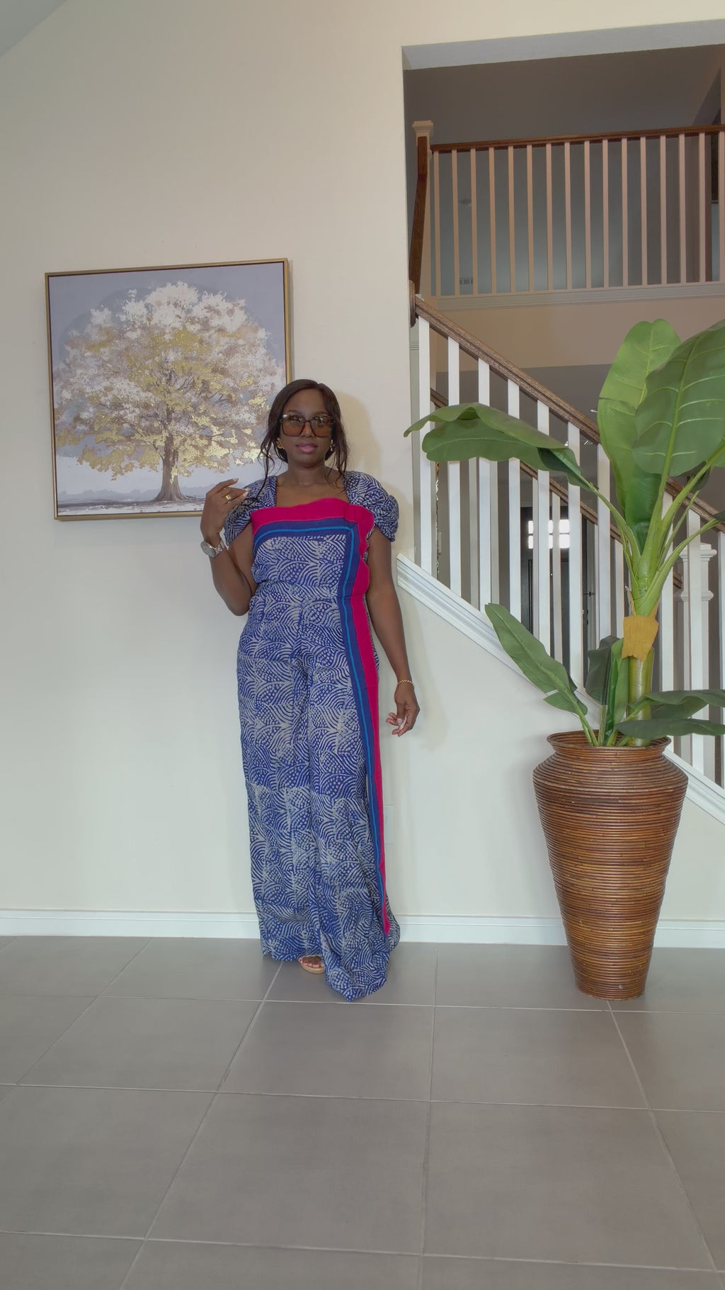 Adire Floral Wide-Leg Jumpsuit with Aso Oke Detail