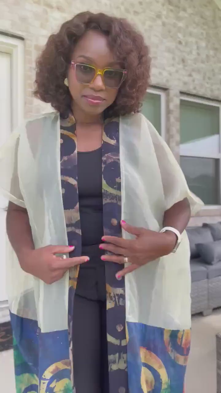 Sheer Organza Adire Kimono: African Print Boho Duster