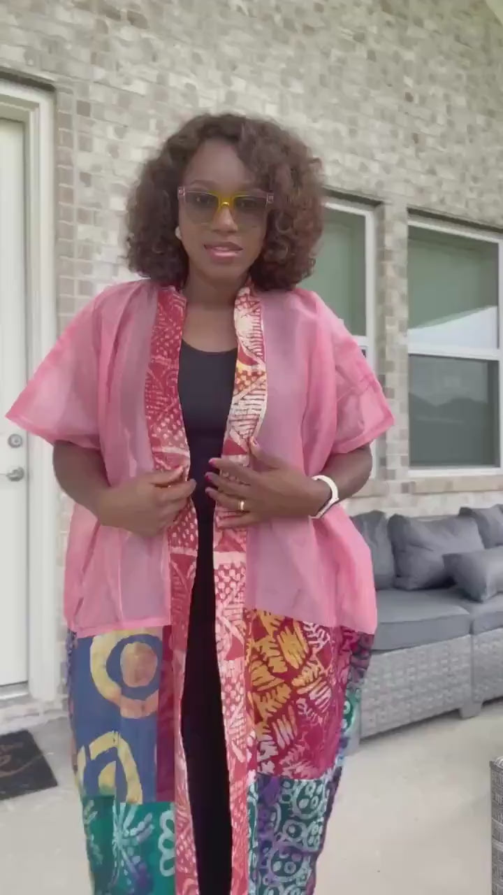 Handmade Adire & Organza Kimono: African Print Boho Duster