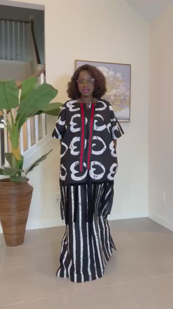African Ankara Maxi Dress: Black & White Adire Print Kaftan with Red Detail