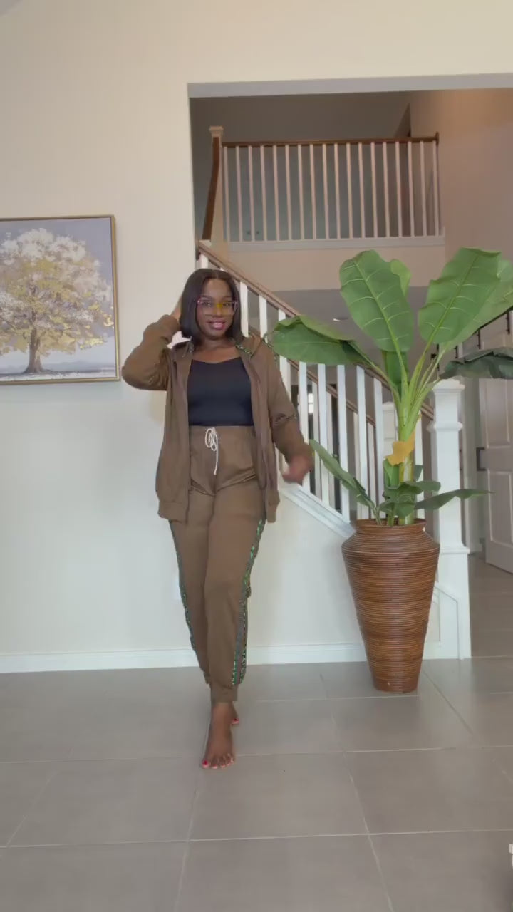 Ankara Trim Tracksuit Set, Brown Loungewear, Two-Piece Outfit