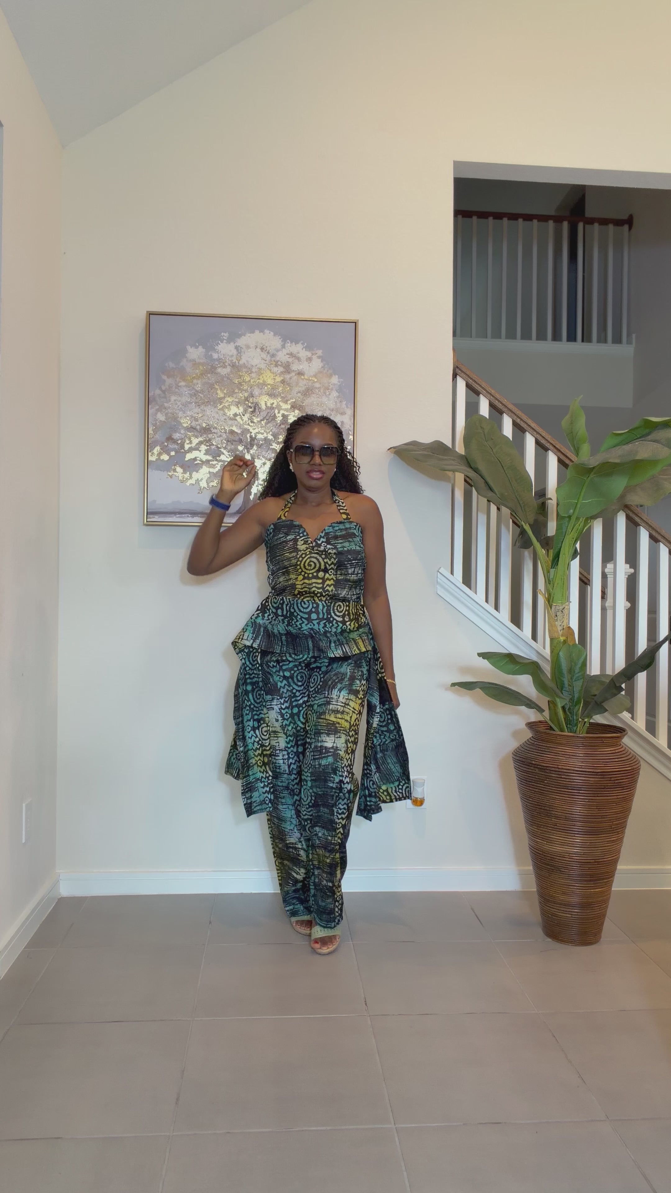 Adire Halter Neck Jumpsuit, African Batik Print One Piece Jumpsuit