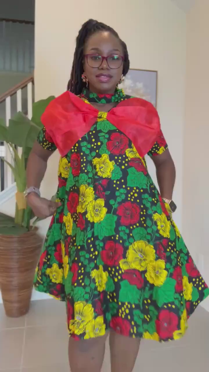 Handmade Ankara Short Dress: Red Bow, African Print Party Outfit