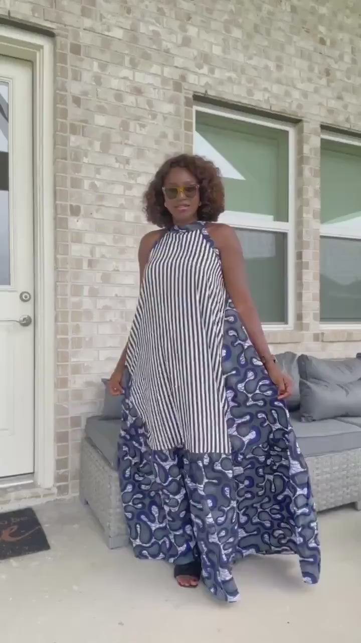 Ankara Maxi Dress, Striped Cotton, Afrocentric Clothing