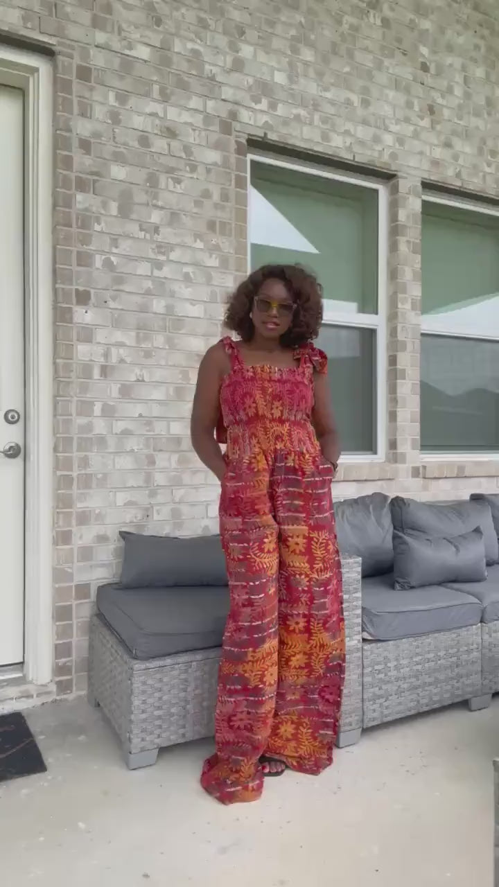 Adire Print Jumpsuit: African Boho Wide-Leg Romper with Shoulder Ties