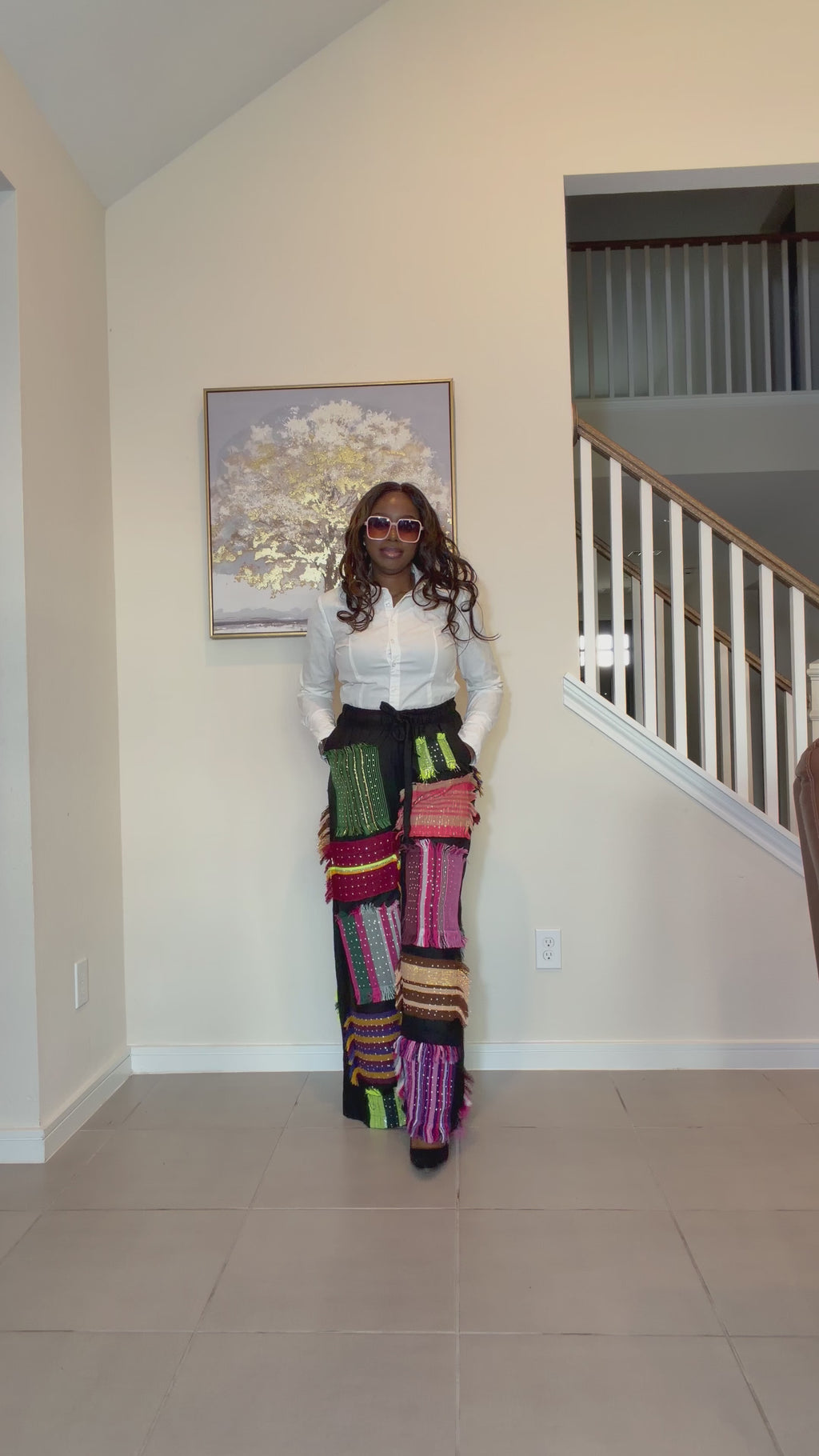 Luxury Black Linen Trousers with Stoned Aso Oke Patchwork
