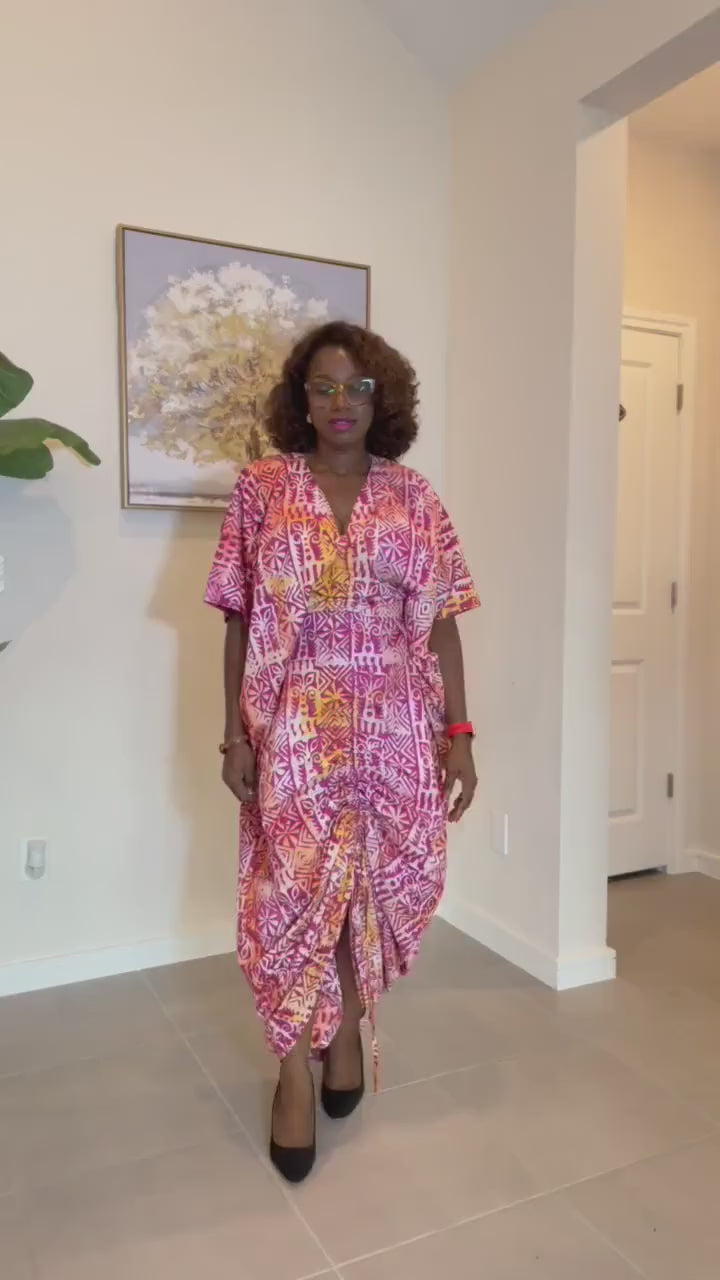 Adire Kaftan Dress – Handmade African Batik Maxi Dress with Drawstring Detail | Boho Afrocentric Fashion for Women, Nigerian fashion
