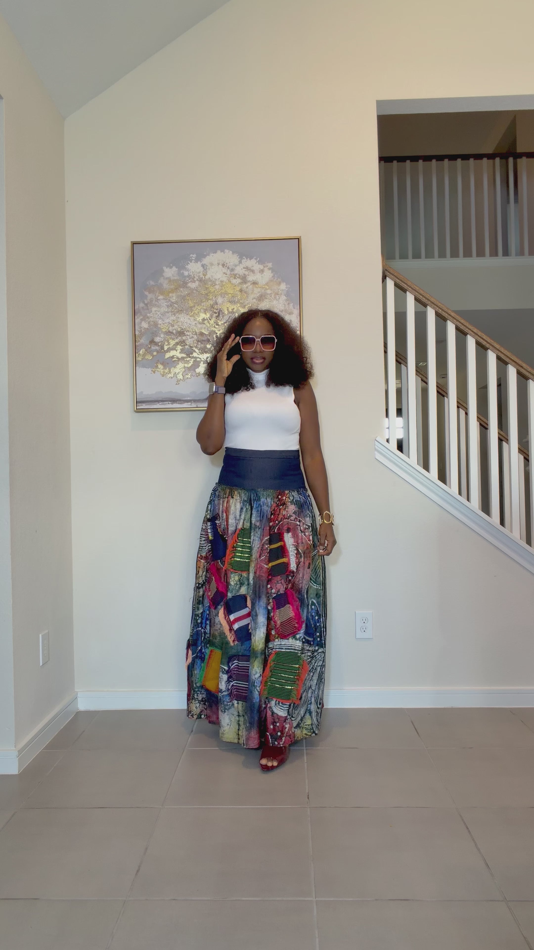 Adire Batik Maxi Skirt with Aso Oke Patchwork, High-Waisted African Print Long Skirt