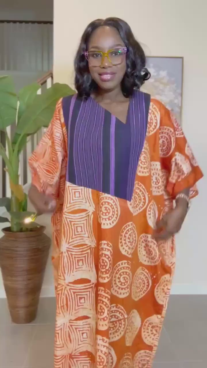 Handmade Adire Batik Midi Dress with Aso Oke - Orange African Print