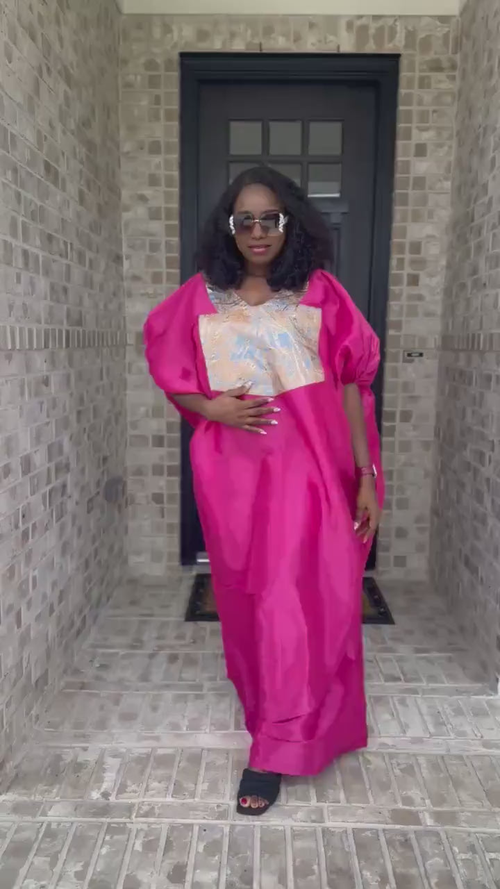Pink Tafita Boubou Dress: Damask Patch Kaftan