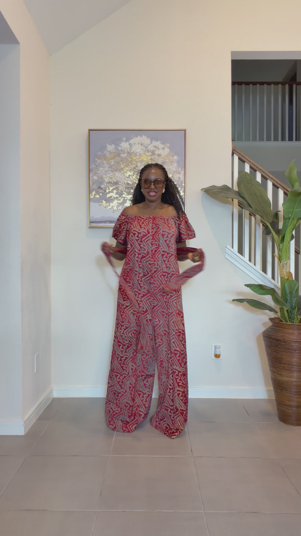 Adire Printed Wide-Leg Jumpsuit Convertible Off-Shoulder with Detachable Belt