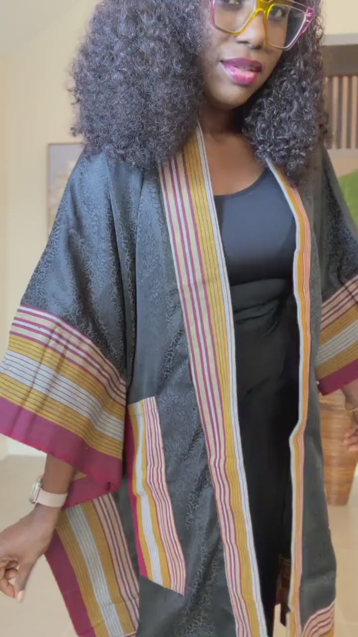 Handmade Damask & Aso Oke Kimono, African Boho Duster Jacket