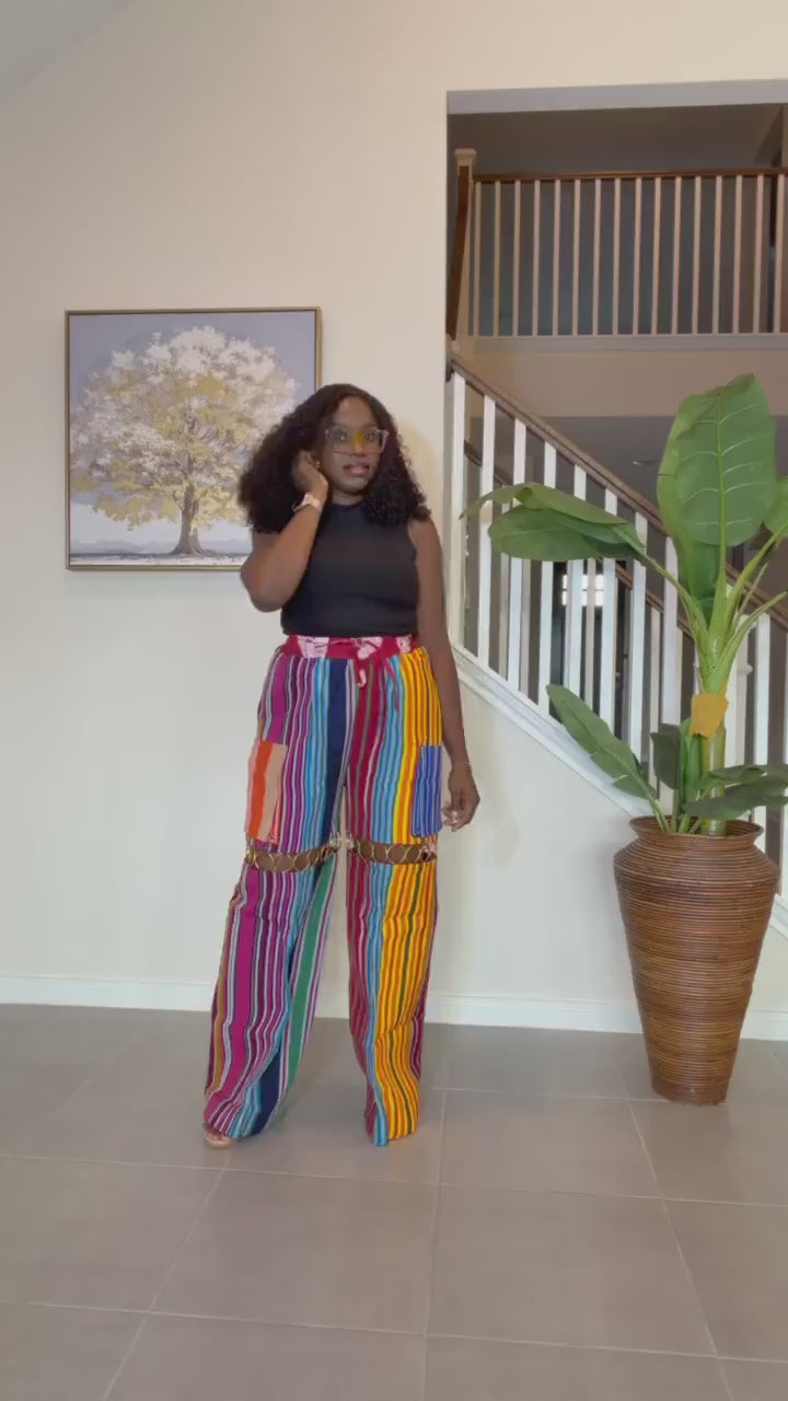 Statement Aso Oke Palazzo Pants – Afrocentric Festival Wear with Gold Accents