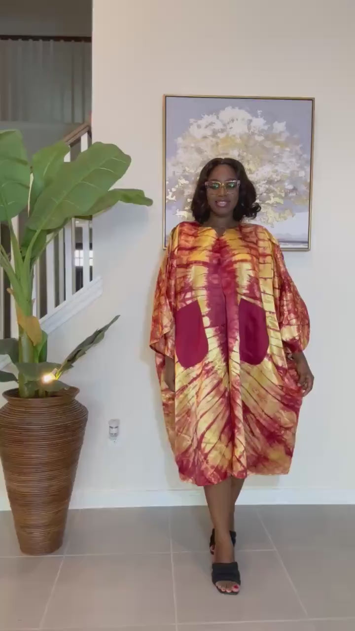 Handmade Adire Silk Kaftan Dress: Nigerian Tie-Dye Maxi with Pockets