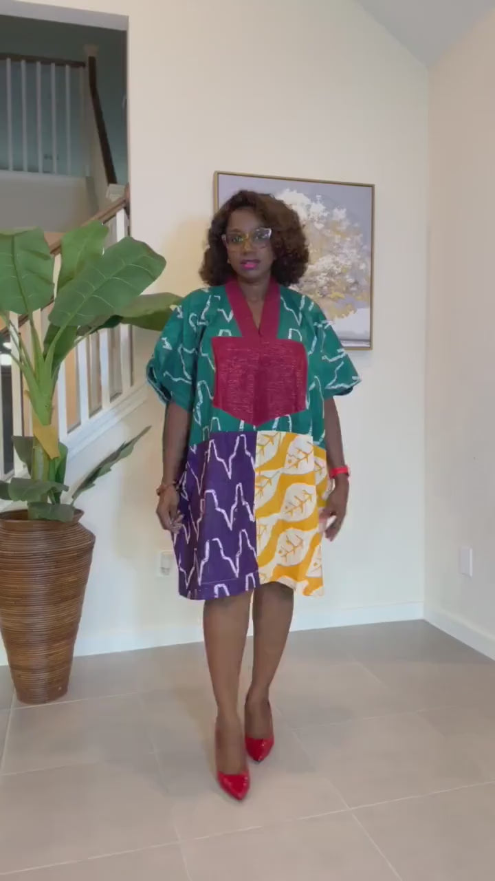 Patchwork Adire Dress: African Print Kaftan, Boho Summer Short Dress