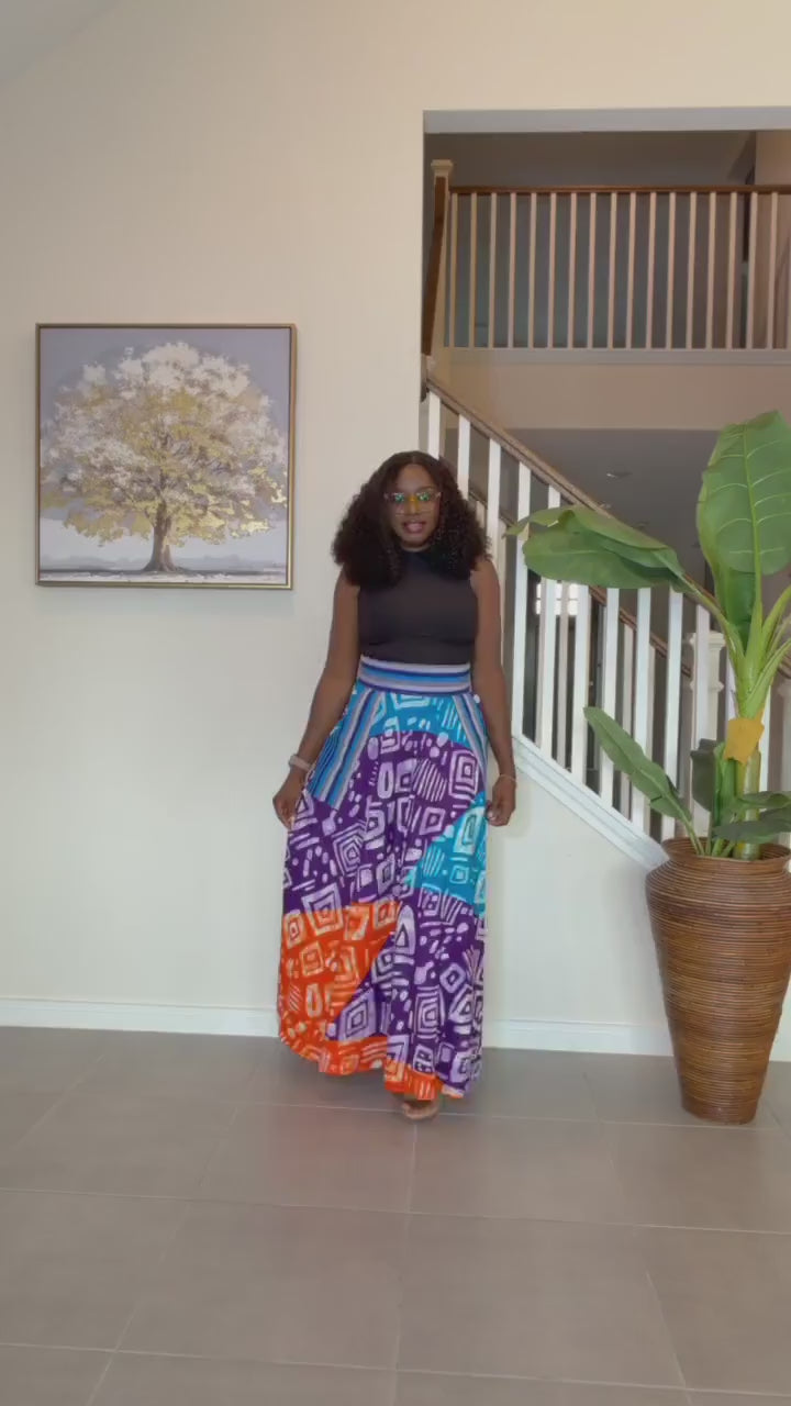African Ankara Maxi Skirt | High Waist Patchwork Print, Pockets