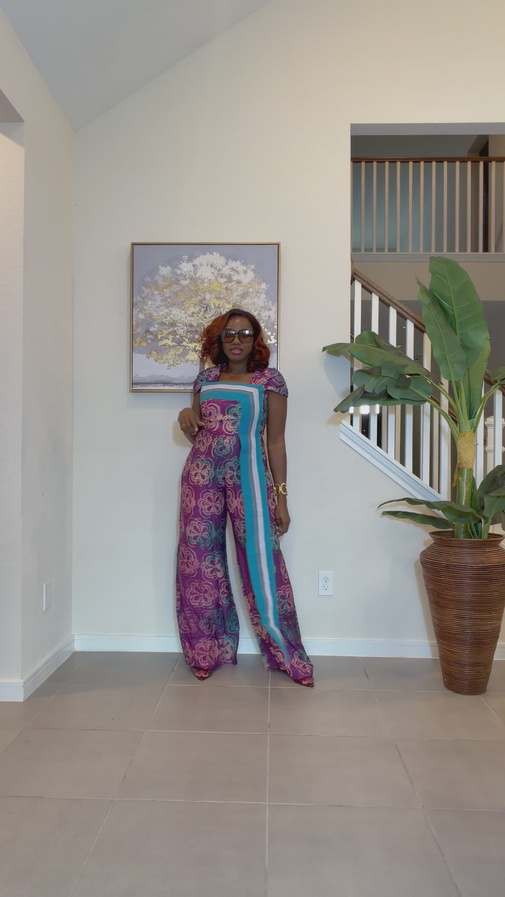 Adire Floral Wide-Leg Jumpsuit with Aso Oke Detail