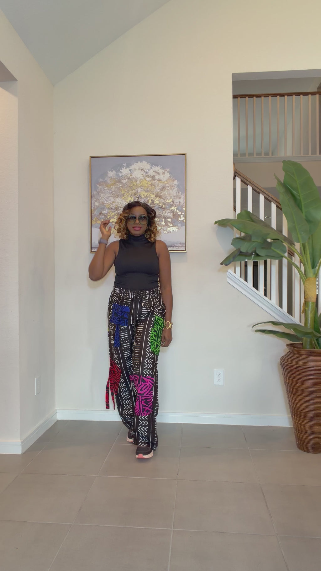 Ankara Wide-Leg Trousers, Black and White with color patch, African Print High Waist Pants