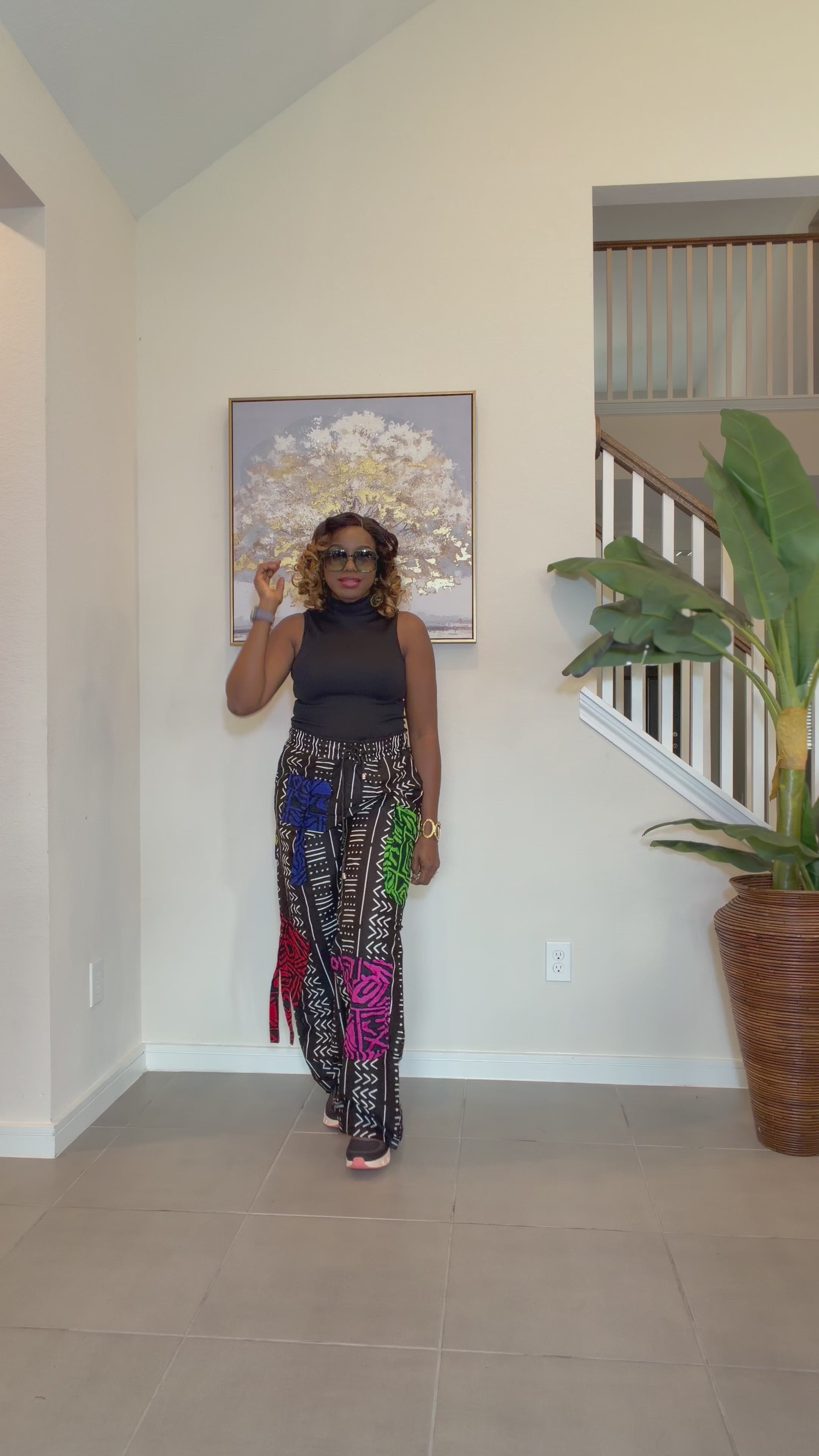 Ankara Wide-Leg Trousers, Black and White with color patch, African Print High Waist Pants