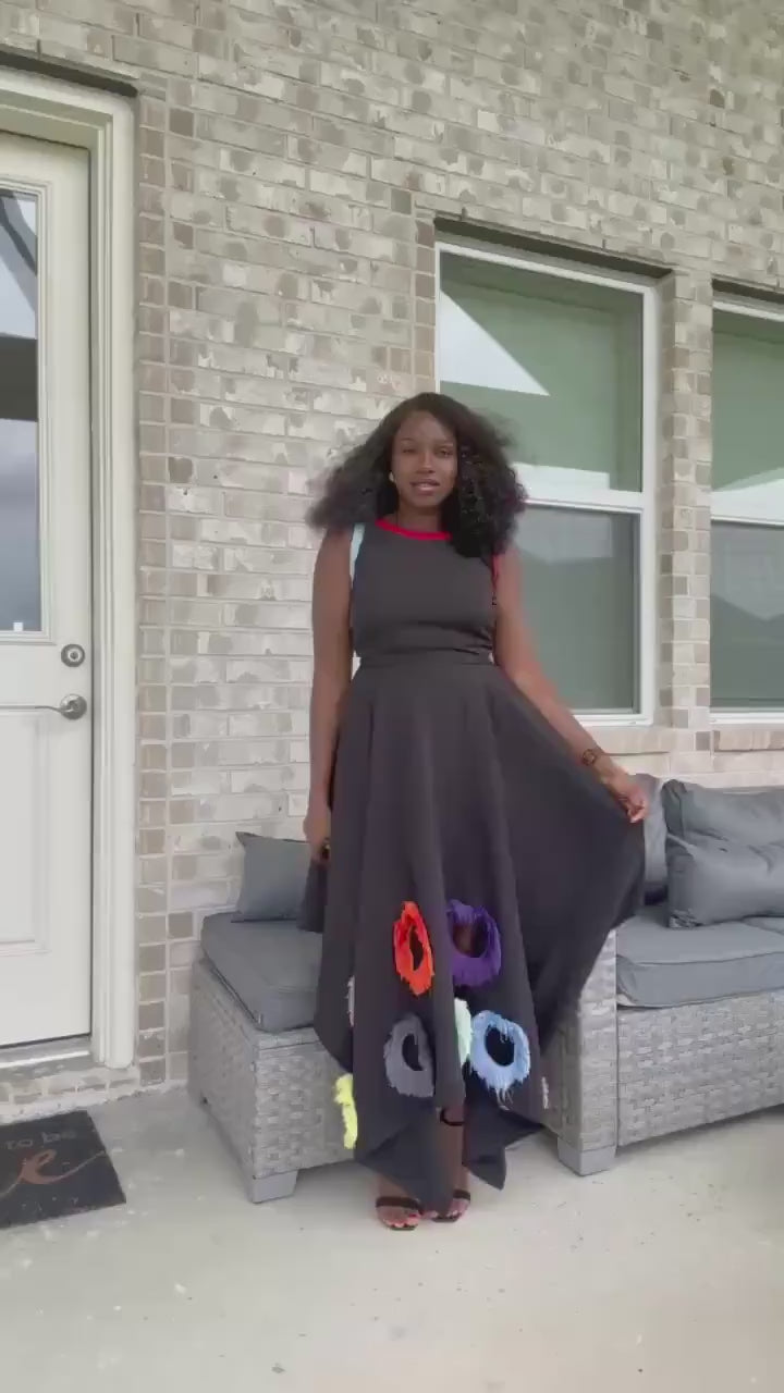 Black Mikado Maxi Dress: Colorful Ring Cutouts, Unique Party Gown