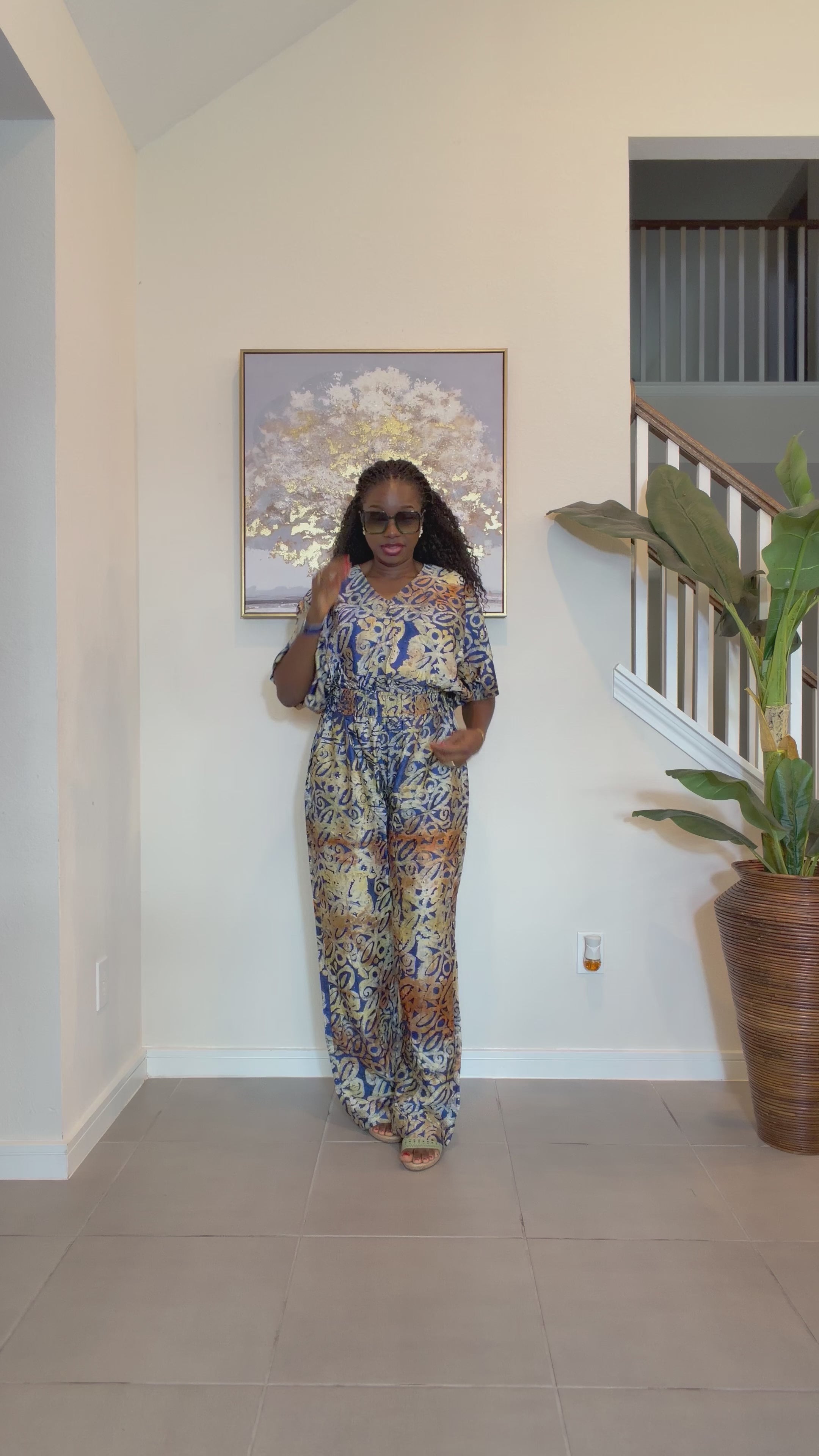 Adire Silk-Crepe, Elastic Waist Top & Wide-Leg Pants Set
