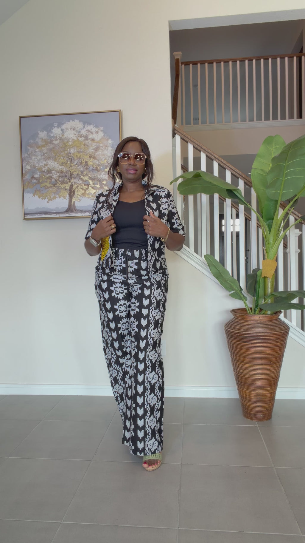 Modern Ankara Print Two-Piece Set – Black & White Wide-Leg Shirt & Trouser